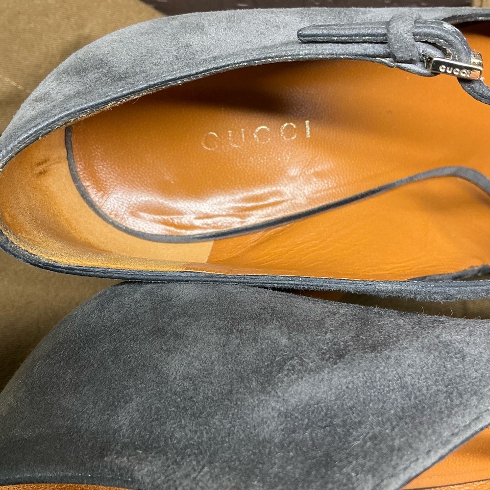 Gucci Betty Grey Suede Peep-Toe T-strap Platform Pump Womens Size 37.5 - Picture 6 of 14